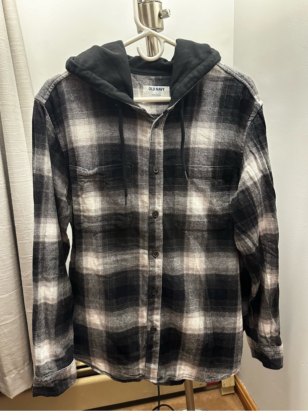 Old Navy Black & White Plaid Hooded Flannel Shirt